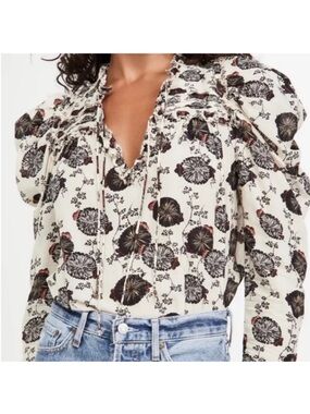 Ulla Johnson Cream Floral Ruffle Tie-Neck Blouse
